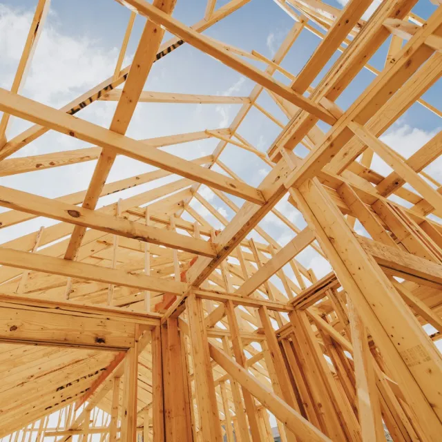 Wood roof trusses of a new home under construction